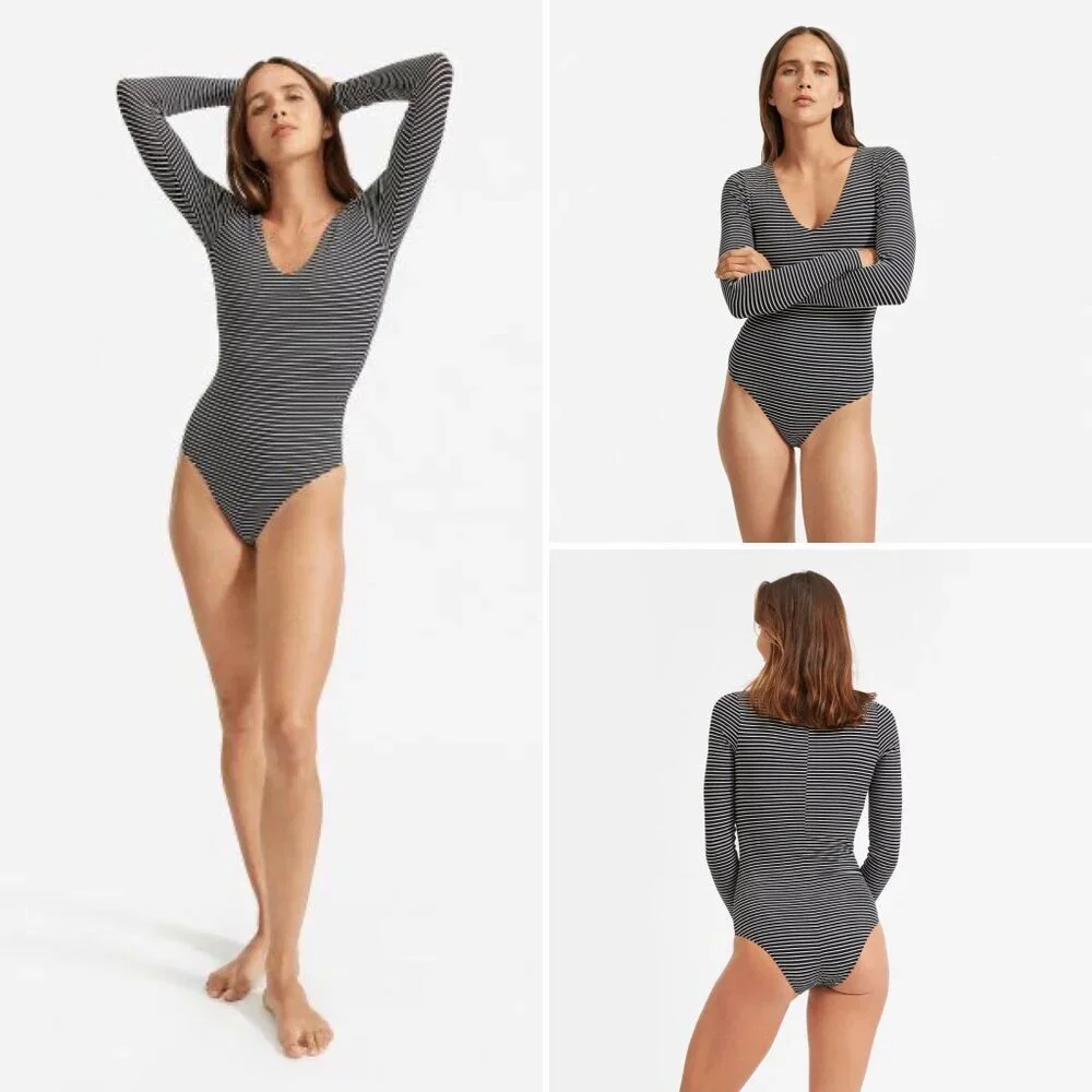 Everlane The Long Sleeve V-Neck Bodysuit in Black/White Stripe - sz XXS